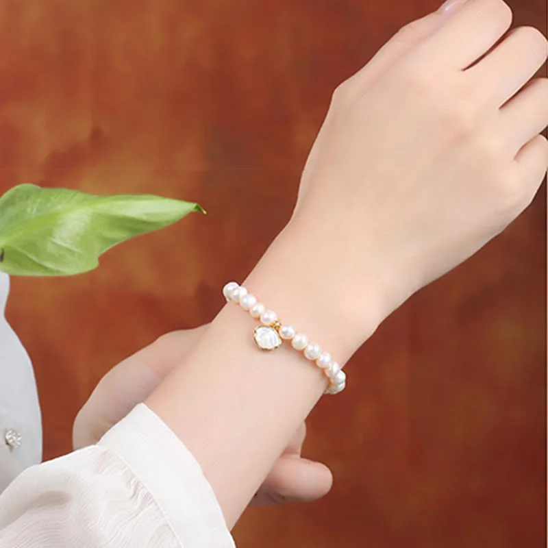 Mythstone 14K Gold Plated Natural Pearl Crystal Shell Charm Bead Bracelet - Image 12