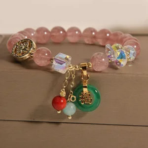 Mythstone Strawberry Quartz Jade Fu Character Charm Healing Bracelet