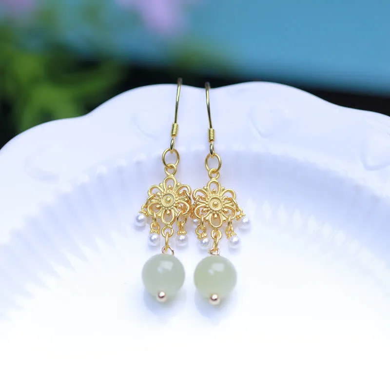 Mythstone Hetian Jade Flower Pattern 14K Gold Plated Luck Drop Dangle Earrings - Image 4
