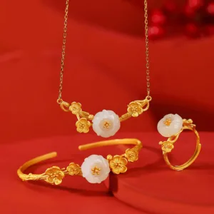 Mythstone 925 Sterling Silver Plated Gold Hetian Jade Plum Blossom Luck Necklace Pendant Bracelet Bangle Ring