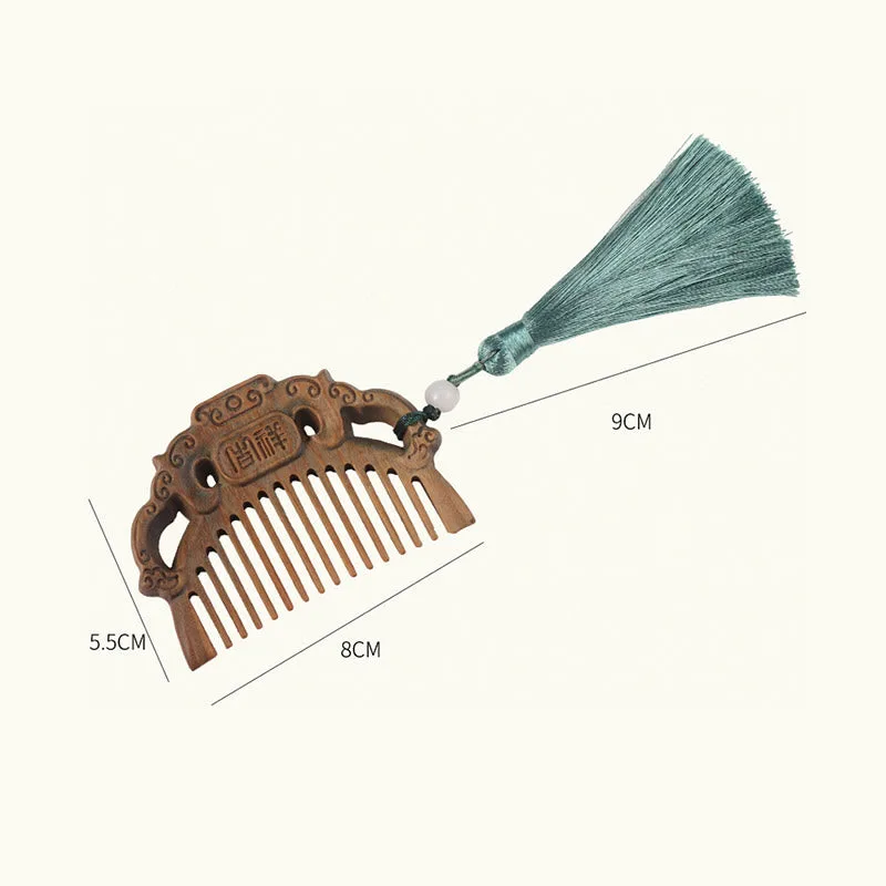 Mythstone Green Sandalwood Fox Peony Flower Lotus Engraved Cure Tassel Comb - Image 20