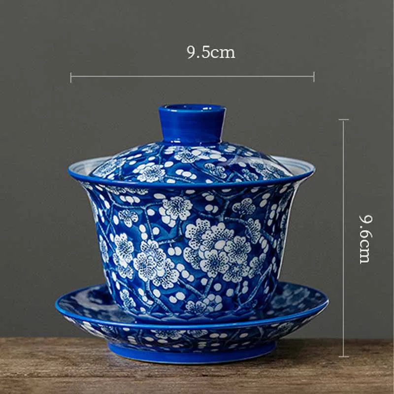 Mythstone Plum Blossom Blue And White Porcelain Ceramic Gaiwan Sancai Teacup Kung Fu Tea Cup And Saucer With Lid 185ml - Image 16