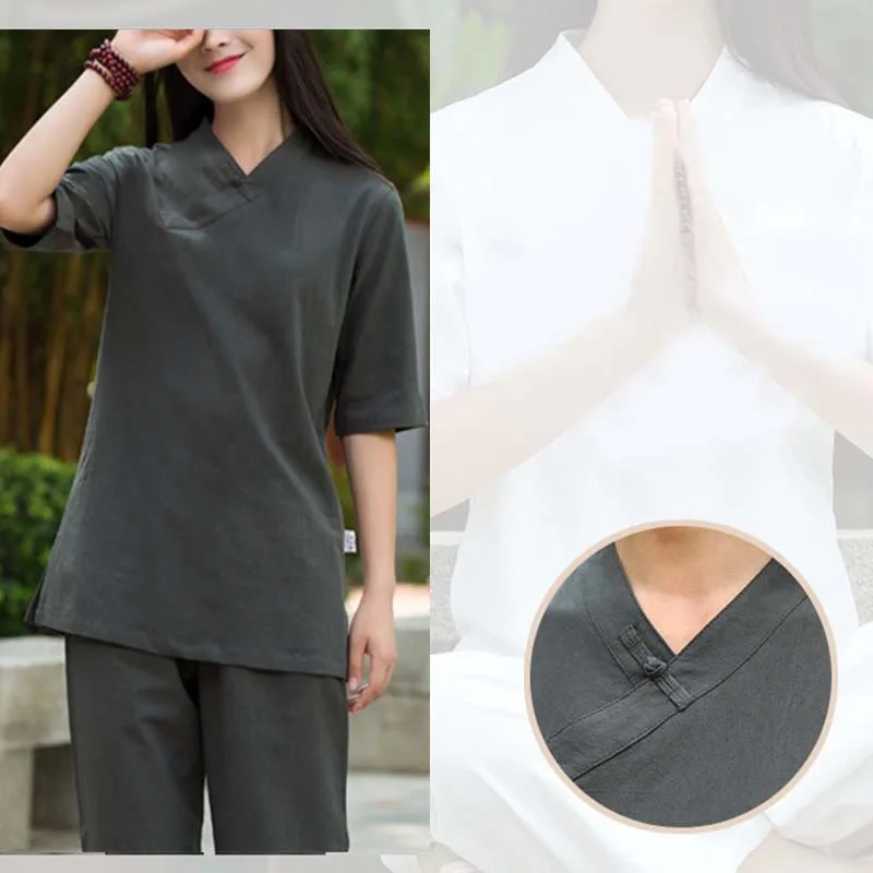 Mythstone 2Pcs Half Sleeve V-Neck Shirt Top Pants Meditation Zen Tai Chi Linen Clothing Women's Set - Image 16