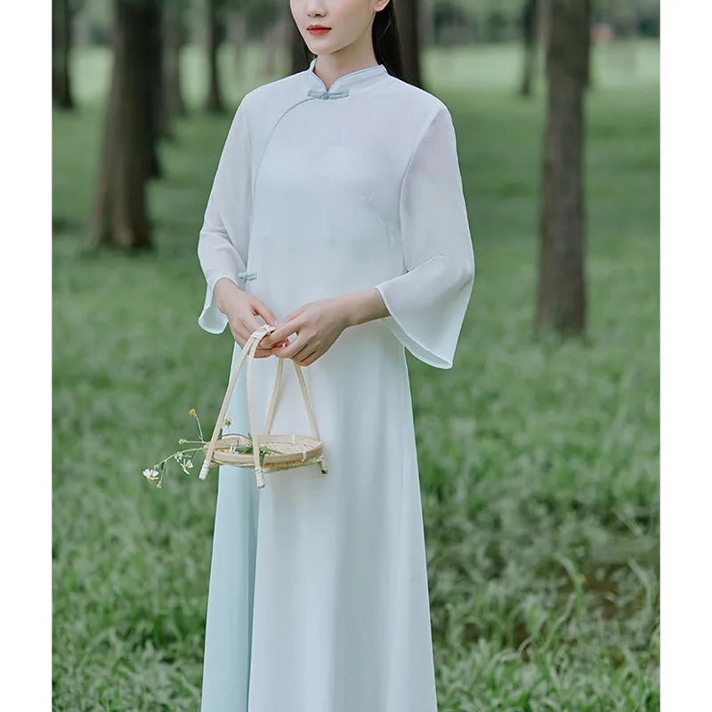 Mythstone Three Quarter Sleeve Chiffon Cheongsam Midi Dress Wide Leg Pants Meditation Zen Practice Clothing - Image 6