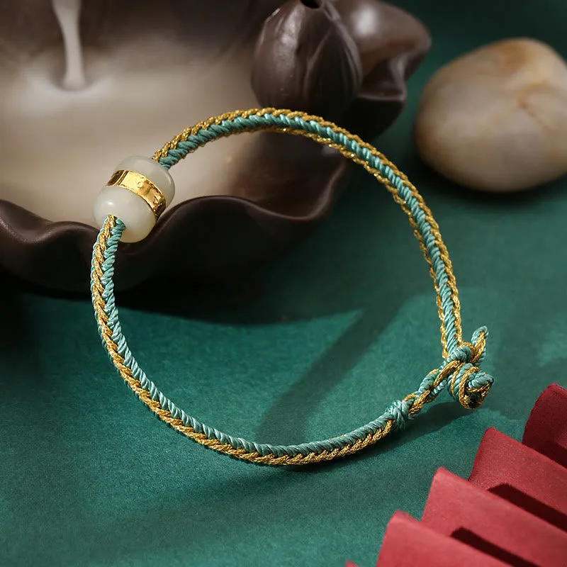 Mythstone 999 Gold Hetian White Jade Om Mani Padme Hum Fu Character Luck Braided Bracelet - Image 16