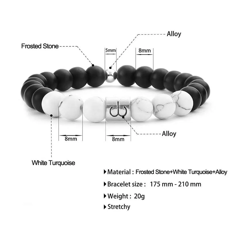 MythStone 12 Constellations of the Zodiac Natural Frosted Stone White Turquoise Bead Fortune Bracelet - Image 19