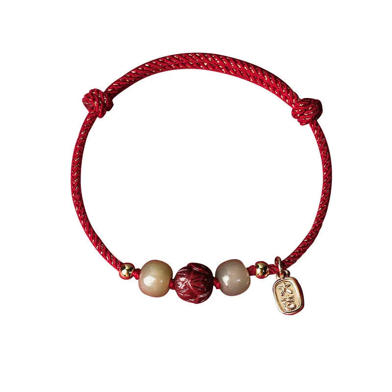 Mythstone 14K Gold Plated Hetian Jade Cinnabar Lotus Luck Handcrafted Rope Bracelet - Image 6