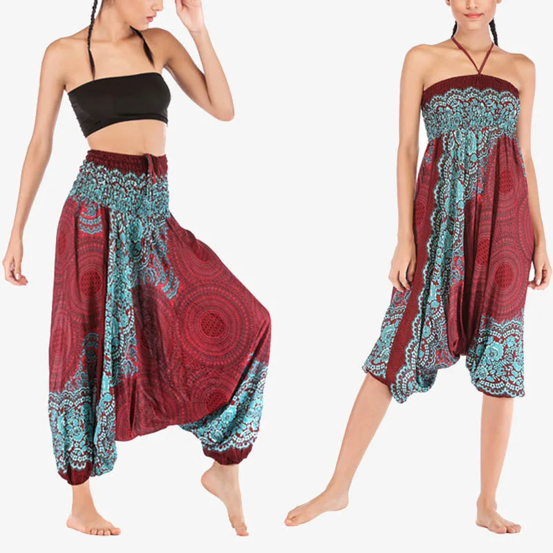 Mythstone Two Style Wear Round Geometric Pattern Loose Smocked Harem Trousers Jumpsuit High Waist Women's Yoga Pants