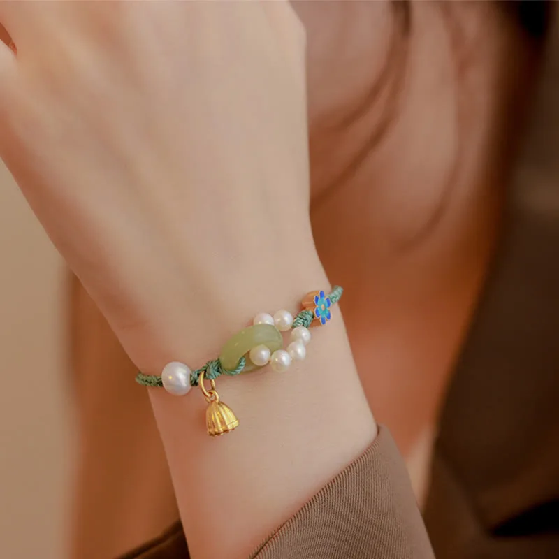 Mythstone Natural Hetian Jade Peace Buckle Pearl Luck Handcrafted Braided Bracelet - Image 9