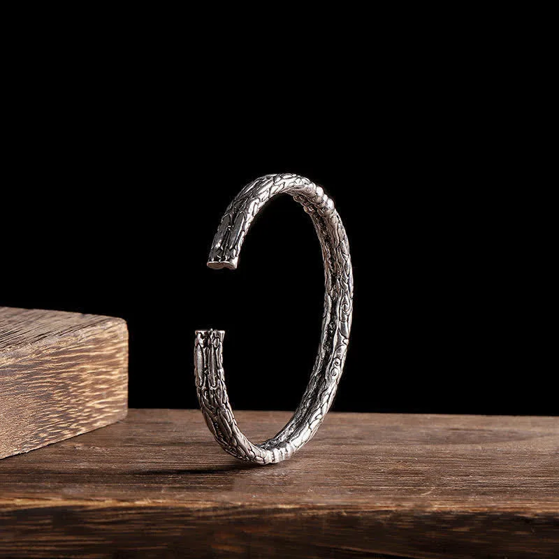 Mythstone Flower Dragon Pattern Engraved Balance Cuff Bracelet Bangle - Image 3