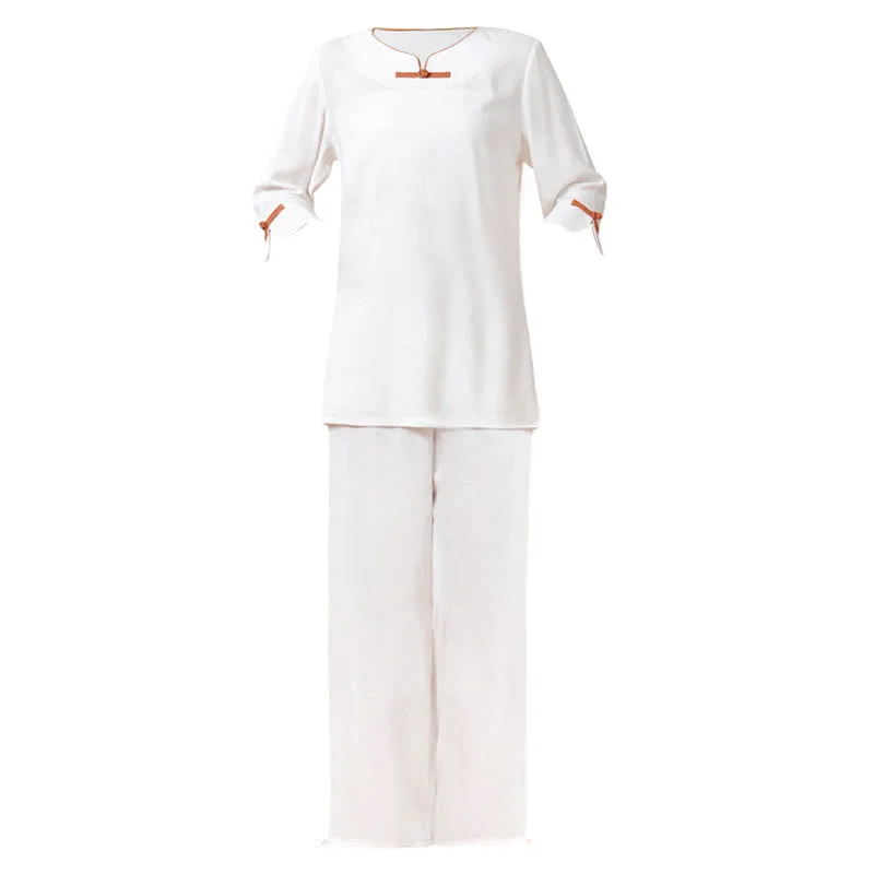 Mythstone 2Pcs Frog-Button Three Quarter Sleeve Shirt Top Pants Meditation Zen Tai Chi Linen Clothing Women's Set - Image 12