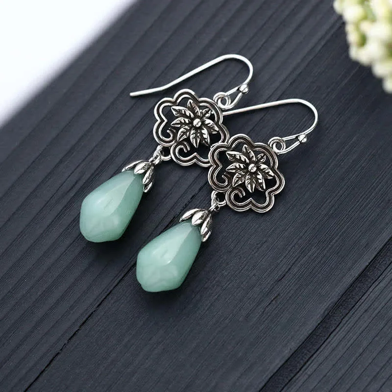 Mythstone Magnolia Flower Jade Water Drop Prosperity Dangle Earrings - Image 2