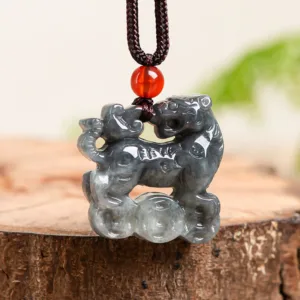 Mythstone Natural Jade Tiger Copper Coin Pattern Luck Necklace Pendant