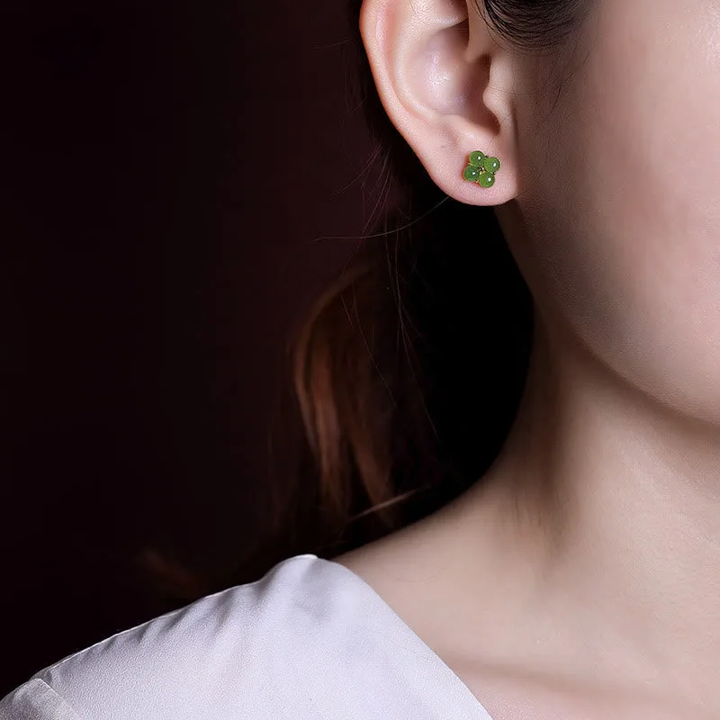 Mythstone 925 Sterling Silver Plated Gold Natural Cyan Jade Four Leaf Clover Luck Stud Earrings - Image 7