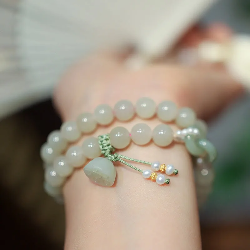 Mythstone 925 Sterling Silver Hetian Jade Double Peace Buckle Lotus Luck Double Wrap Bracelet - Image 4