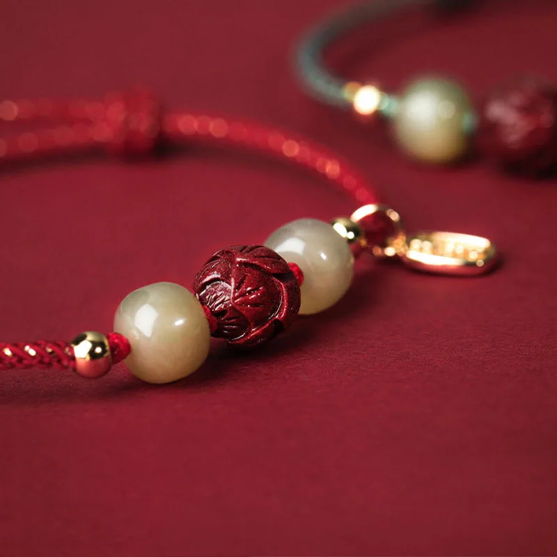 Mythstone 14K Gold Plated Hetian Jade Cinnabar Lotus Luck Handcrafted Rope Bracelet - Image 4