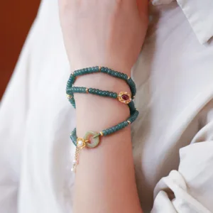 Mythstone 925 Sterling Silver Gold Plated Cyan Jade Flower Peace Buckle Success Triple Wrap Bracelet