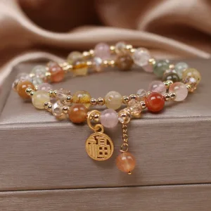 Mythstone Multicolored Rutilated Quartz Fu Character Auspiciousness Bracelet