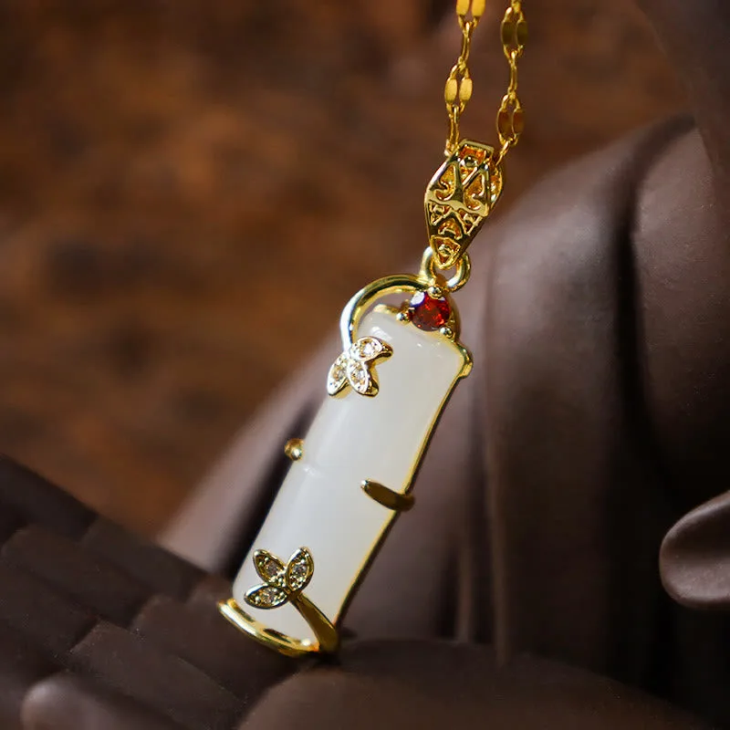 Mythstone White Jade Cyan Jade Bamboo Luck Protection Necklace Pendant - Image 11