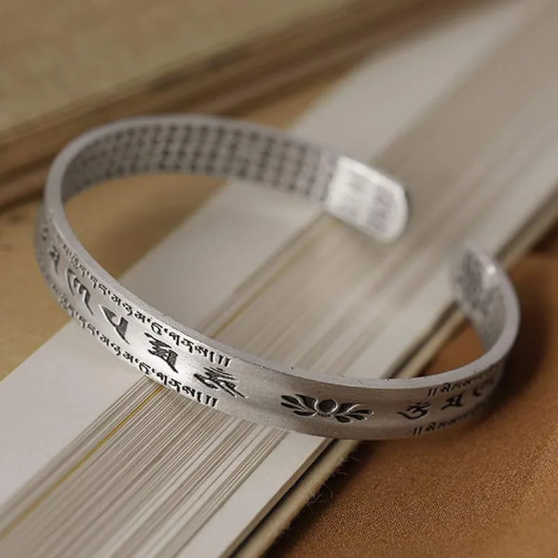 Mythstone 999 Sterling Silver Om Mani Padme Hum Lotus Wisdom Bracelet Bangle - Image 3