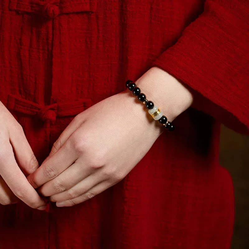 Mythstone Black Obsidian Jade Om Mani Padme Hum Strength Couple Magnetic Bracelet - Image 7