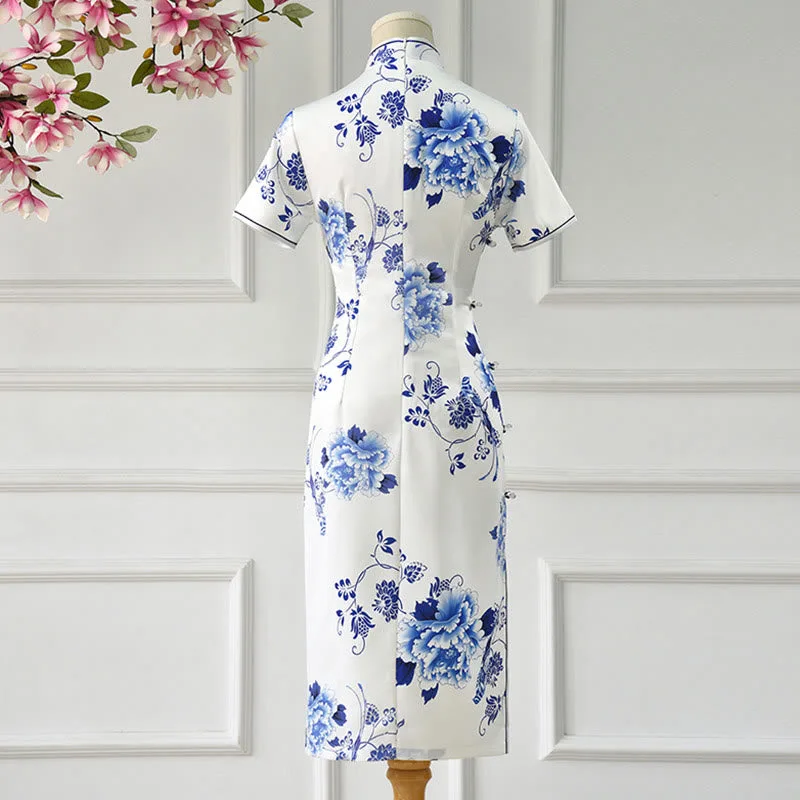 Mythstone Blue And White Porcelain Color Peony Flower Pattern Cheongsam Dress Women's Qipao Dress - Image 4