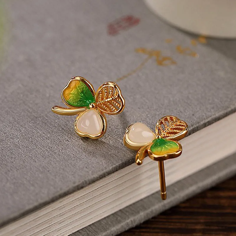 Mythstone 925 Sterling Silver Plated Gold Hetian Jade Luck Shamrock Clover Necklace Pendant Earrings - Image 7