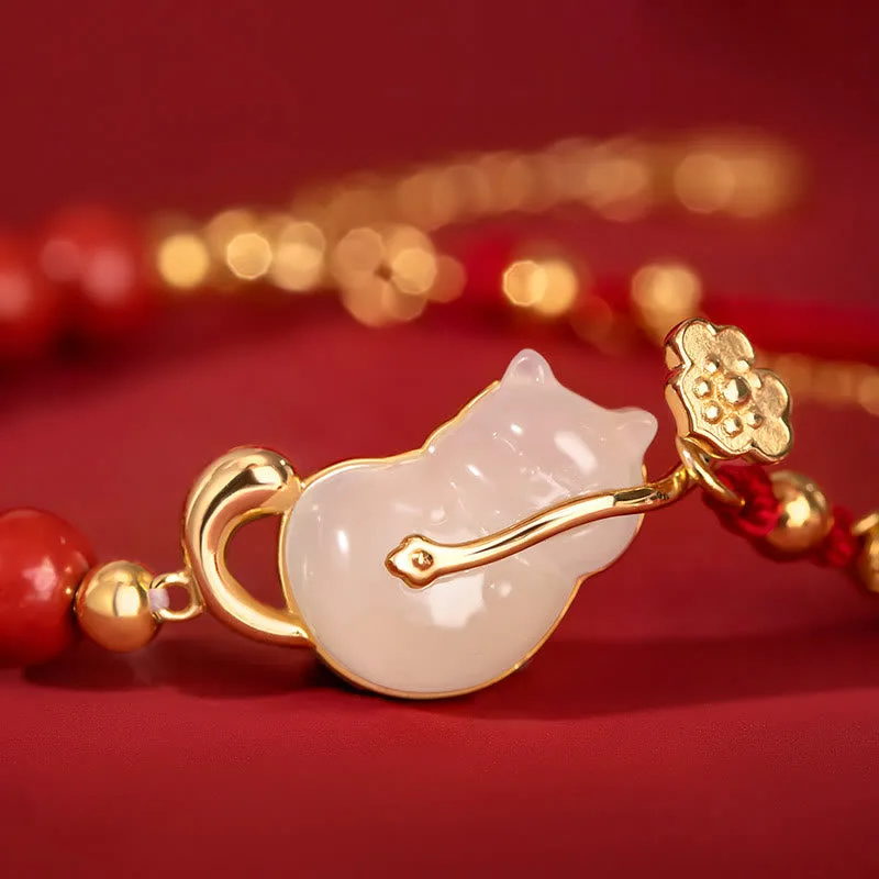 Mythstone 925 Sterling Silver Plated 18K Gold Hetian Jade Ruyi Cat Cinnabar Luck Bracelet Necklace Pendant Set - Image 10
