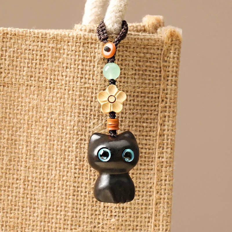 Mythstone Mini Small Leaf Red Sandalwood Ebony Wood Lucky Cat Lovely Kitty Peace Key Chain Phone Hanging Decoration - Image 5