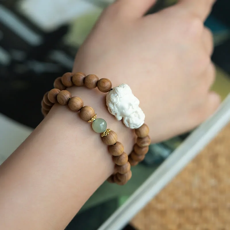 Mythstone Sandalwood Hetian Jade Ivory Fruit Green Tara Protection Bracelet - Image 6