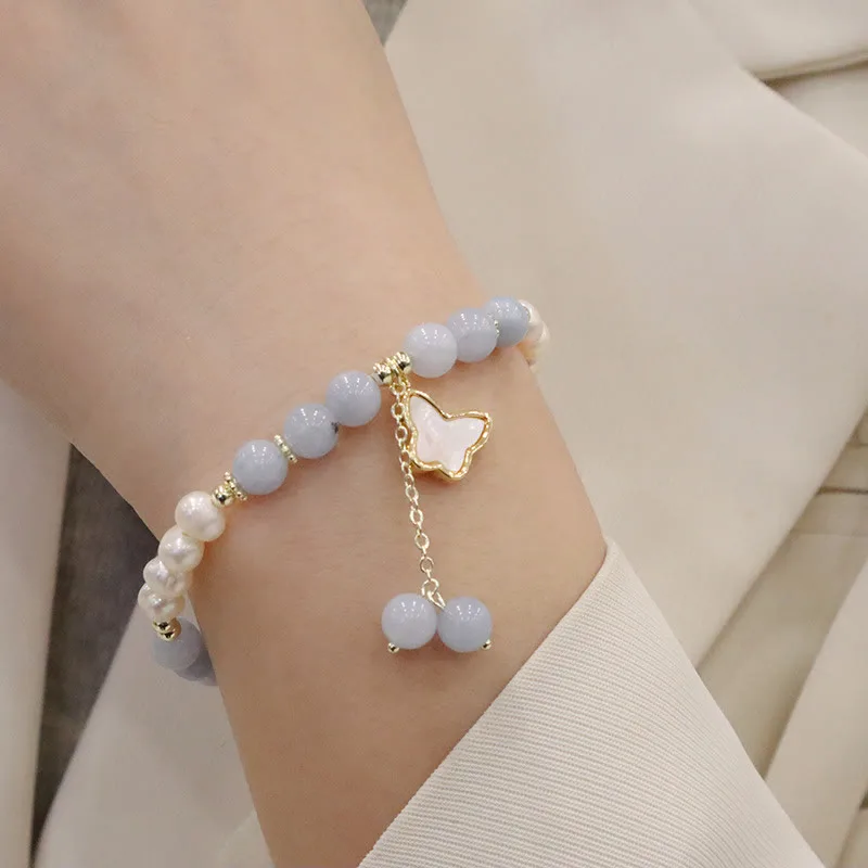 Mythstone Natural Aquamarine Pearl Healing Ginkgo Leaf Butterfly Charm Bracelet - Image 8