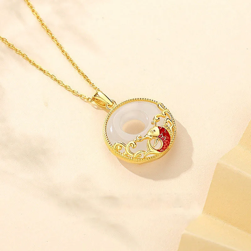 Mythstone - 925 Sterling Silver Chalcedony Koi Fish Peace Buckle Ocean Waves Wealth Necklace Pendant - Image 3