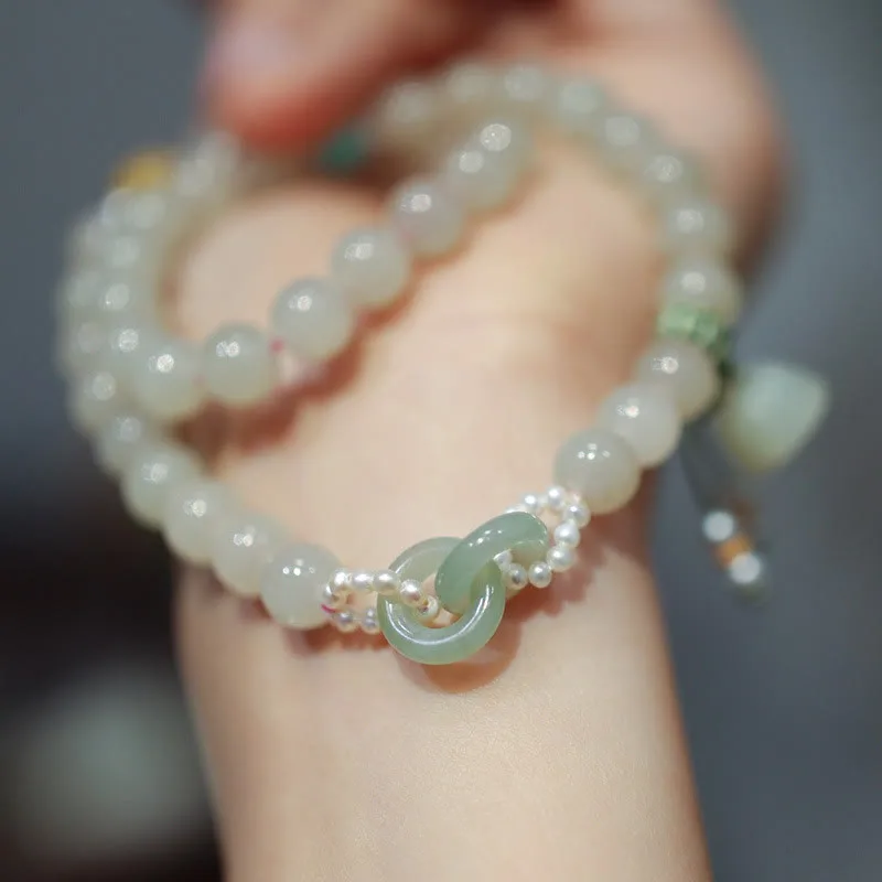 Mythstone 925 Sterling Silver Hetian Jade Double Peace Buckle Lotus Luck Double Wrap Bracelet - Image 2