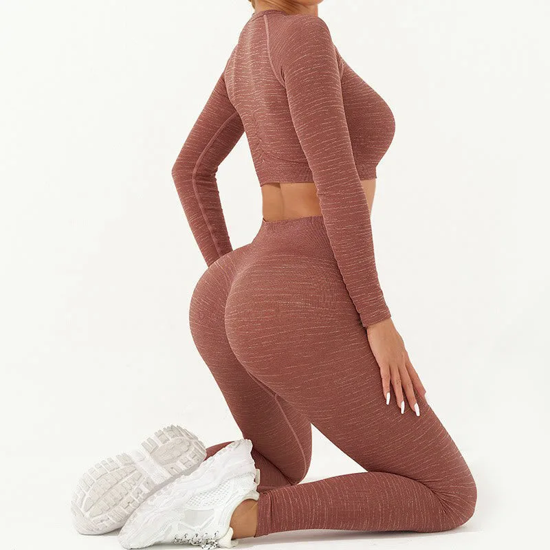 Mythstone 2Pcs Simple Print Crop Tank Bra Long Sleeve Top Leggings Pants Sports Outfits Women's Yoga Sets - Image 28