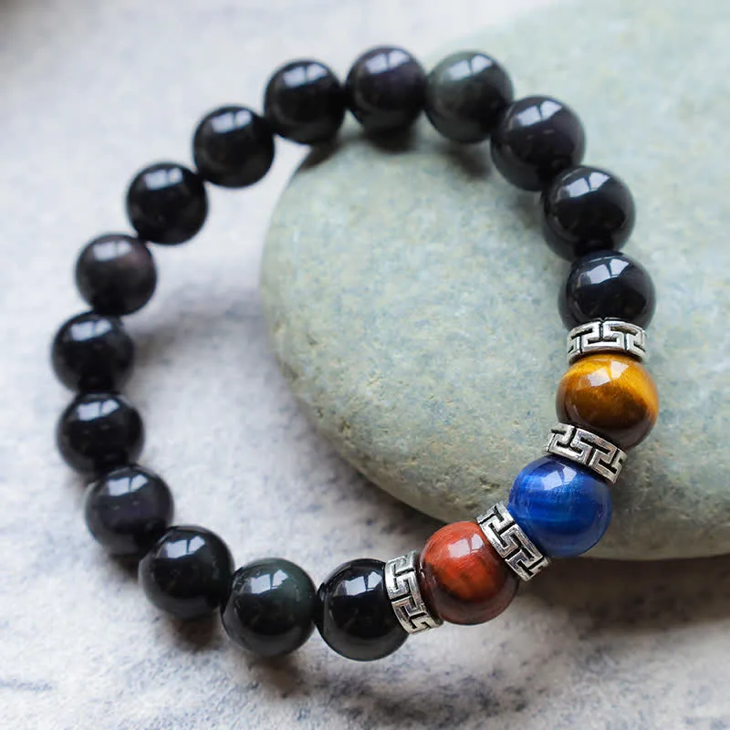 Natural Black Obsidian Tricolor Tiger Eye Strength Bracelet - Image 8