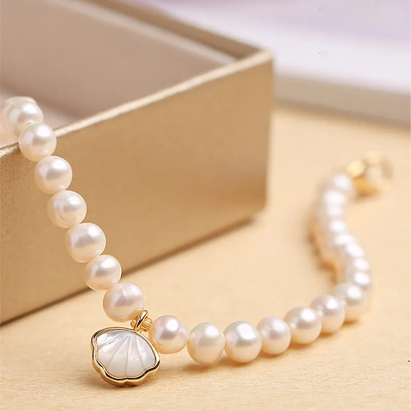 Mythstone 14K Gold Plated Natural Pearl Crystal Shell Charm Bead Bracelet - Image 2