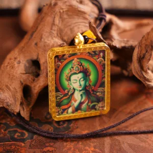 Mythstones Tibetan Zakiram  God of Merits&Virtues Painted Thangka Hope Necklace Pendant