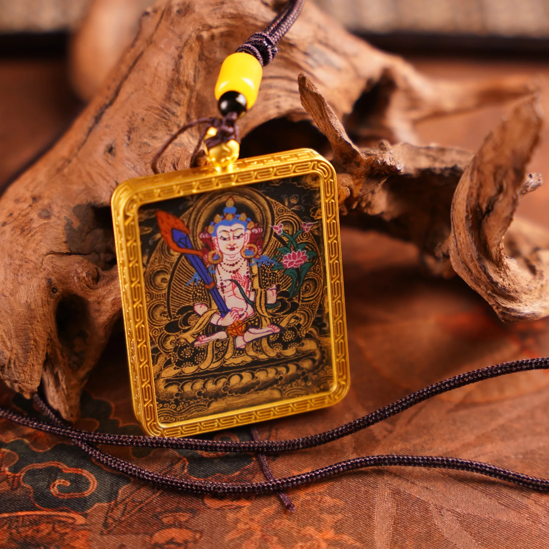 Mythstones Tibetan Zakiram God of Painted Thangka Hope Necklace Pendant