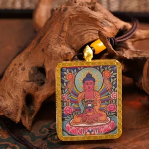 Mythstones Tibetan Zakiram  God of Cause and Effect Painted Thangka Hope Necklace Pendant