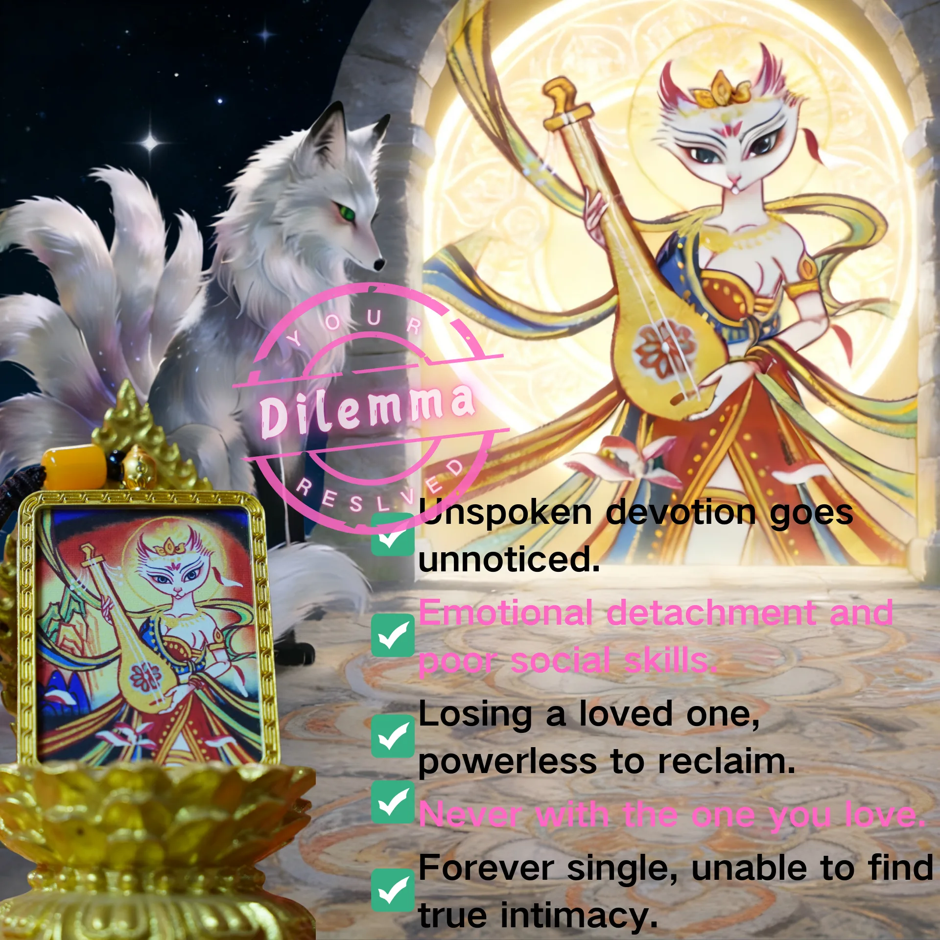 Mythstones Kitsune Guardian Painted Thangka Hope Necklace Pendant - Image 3