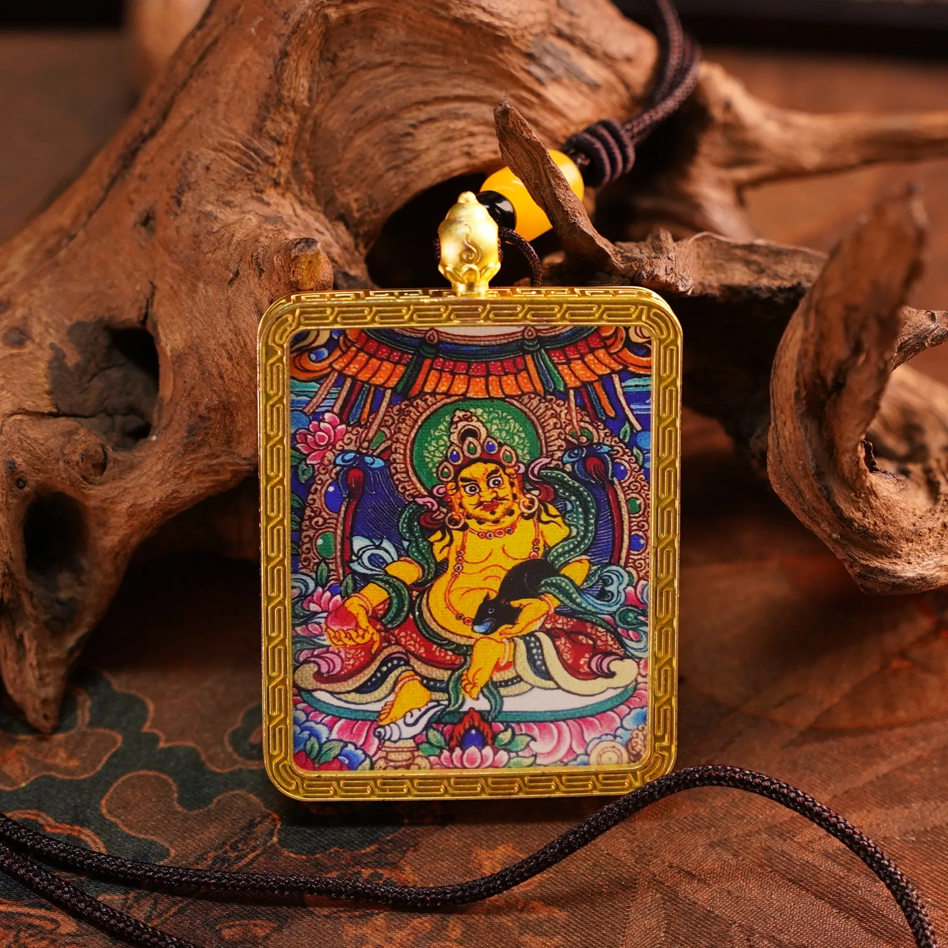Mythstones Tibetan Yellow Jambhala Painted Thangka Hope Necklace Pendant