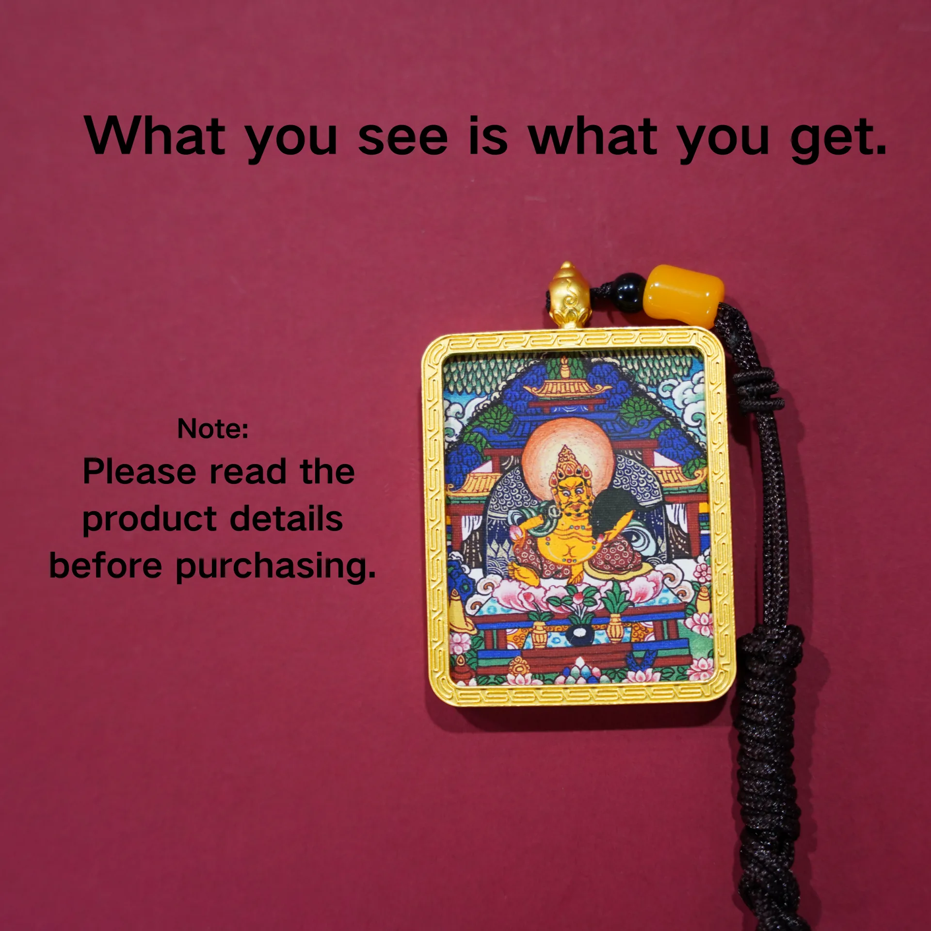 Mythstones Tibetan Yellow Jambhala Painted Thangka Hope Necklace Pendant - Image 2