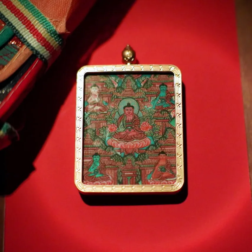 Mythstones Tibetan Five Buddhas Wisdom Mandala Painted Thangka Hope Necklace Pendant - Image 2