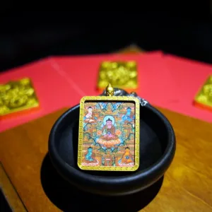 Mythstones Tibetan Five Buddhas Wisdom Mandala Painted Thangka Hope Necklace Pendant