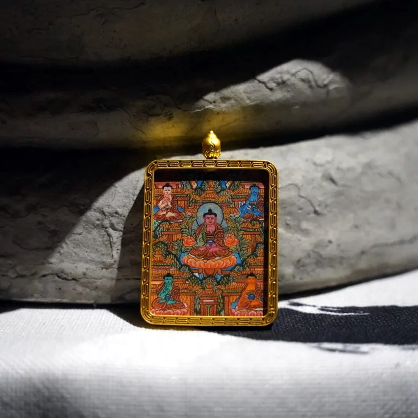 Mythstones Tibetan Five Buddhas Wisdom Mandala Painted Thangka Hope Necklace Pendant - Image 3