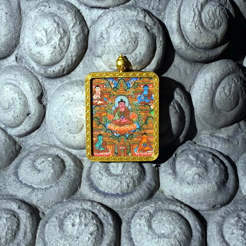 Mythstones Tibetan Five Buddhas Wisdom Mandala Painted Thangka Hope Necklace Pendant - Image 4