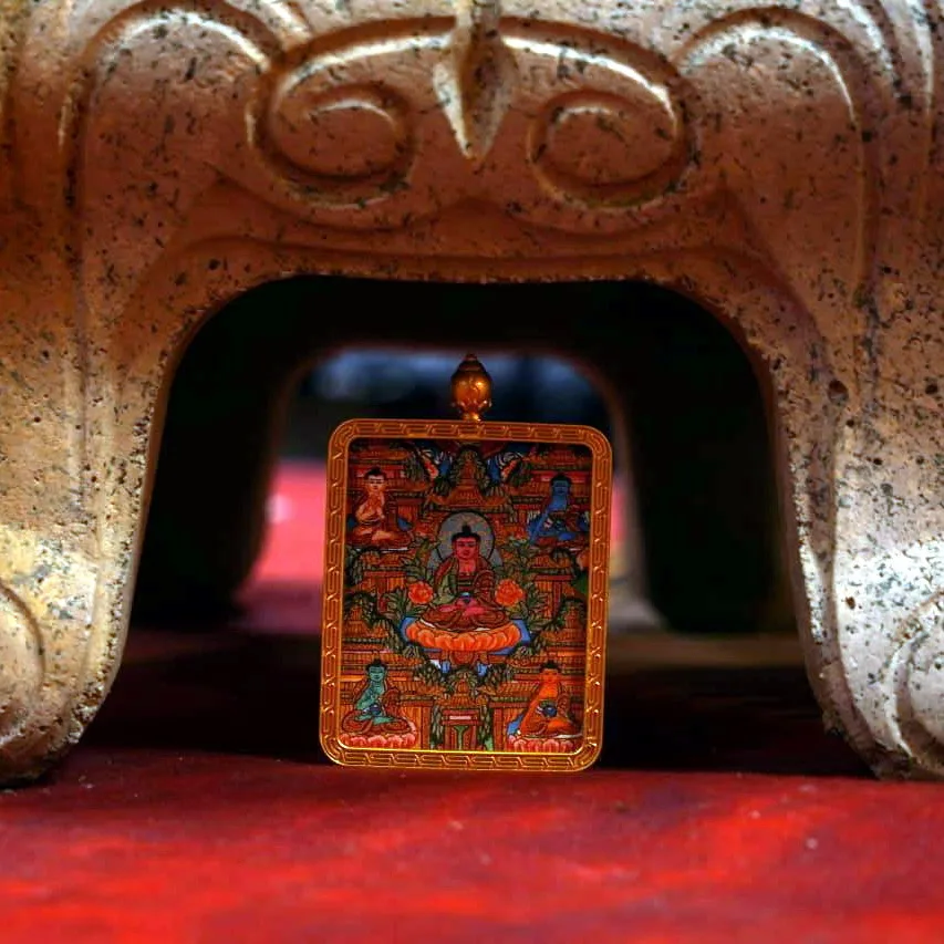 Mythstones Tibetan Five Buddhas Wisdom Mandala Painted Thangka Hope Necklace Pendant - Image 5