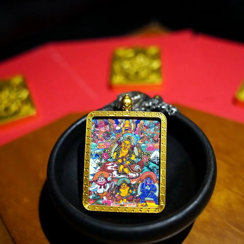Mythstones Tibetan Five Directions Wealth Gods Painted Thangka Hope Necklace Pendant